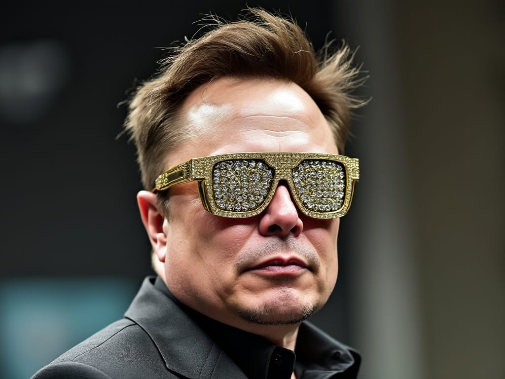 Elon Musk som bär extravaganta, diamantprydda solglasögon, vilket ger en känsla av lyx och stil. Midcent: Underhållning.