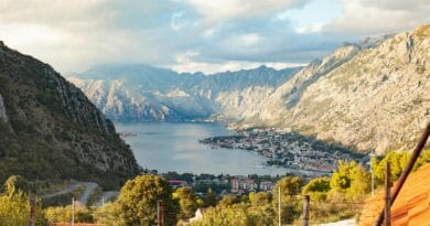 A breathtaking view of Boka Bay with surrounding mountains and a picturesque coastal town in the distance.