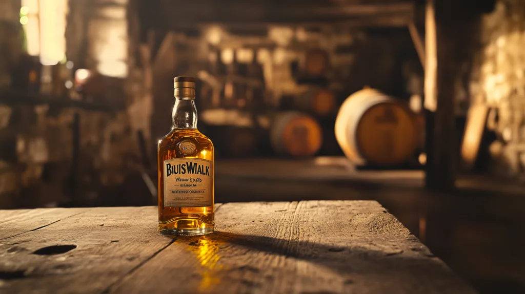 Midcent: Den stämningsfulla bilden fångar en flaska whisky i ett rustikt lagerhus, med ekfat i bakgrunden. Perfekt för whiskyälskare och hantverksdryckesentusiaster. Kategori: Mat.