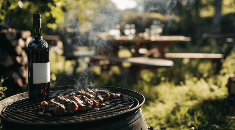 Midcent: En solig utomhusbild med fjällande kött på grillen och en flaska rött vin intill, perfekt för sommarens middagar i trädgården. Avkopplande vy med naturens skönhet. Mat.