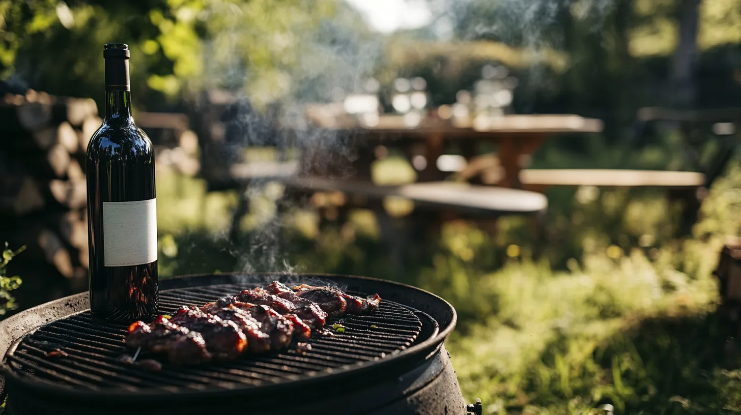 Midcent: En solig utomhusbild med fjällande kött på grillen och en flaska rött vin intill, perfekt för sommarens middagar i trädgården. Avkopplande vy med naturens skönhet. Mat.