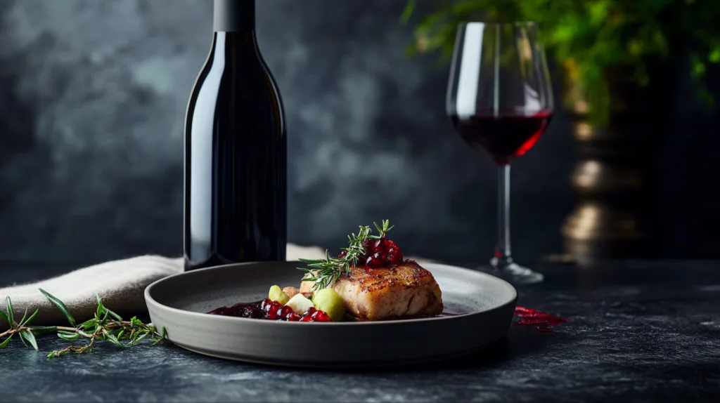 Midcent Mat: En delikat tallrik fylld med smakrik köttbit toppad med lingon och rosmarin, serverad med ett glas rött vin. Perfekt för en lyxig matupplevelse.