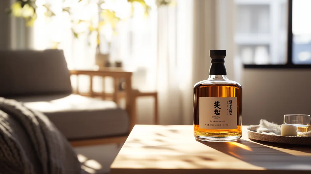 Midcent: Elegant whiskeyflaska på ett träbord i en stilren, solig inomhusmiljö. Perfekt för avkoppling och njutning av finare drycker. Harmonisk balans mellan ljus och skugga skapar en inbjudande atmosfär. Mat.