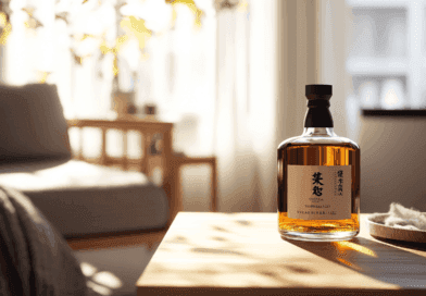 Midcent: Elegant whiskeyflaska på ett träbord i en stilren, solig inomhusmiljö. Perfekt för avkoppling och njutning av finare drycker. Harmonisk balans mellan ljus och skugga skapar en inbjudande atmosfär. Mat.