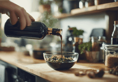 Midcent erbjuder en inspirerande matupplevelse där en hand häller smakrik sojasås över en skål med grönsaker. Denna bild fångar essensen av kreativ matlagning i ett välorganiserat kök. Kategori: Mat.