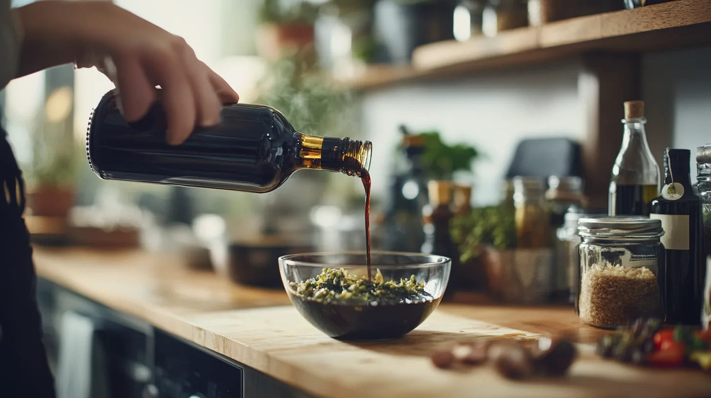 Midcent erbjuder en inspirerande matupplevelse där en hand häller smakrik sojasås över en skål med grönsaker. Denna bild fångar essensen av kreativ matlagning i ett välorganiserat kök. Kategori: Mat.