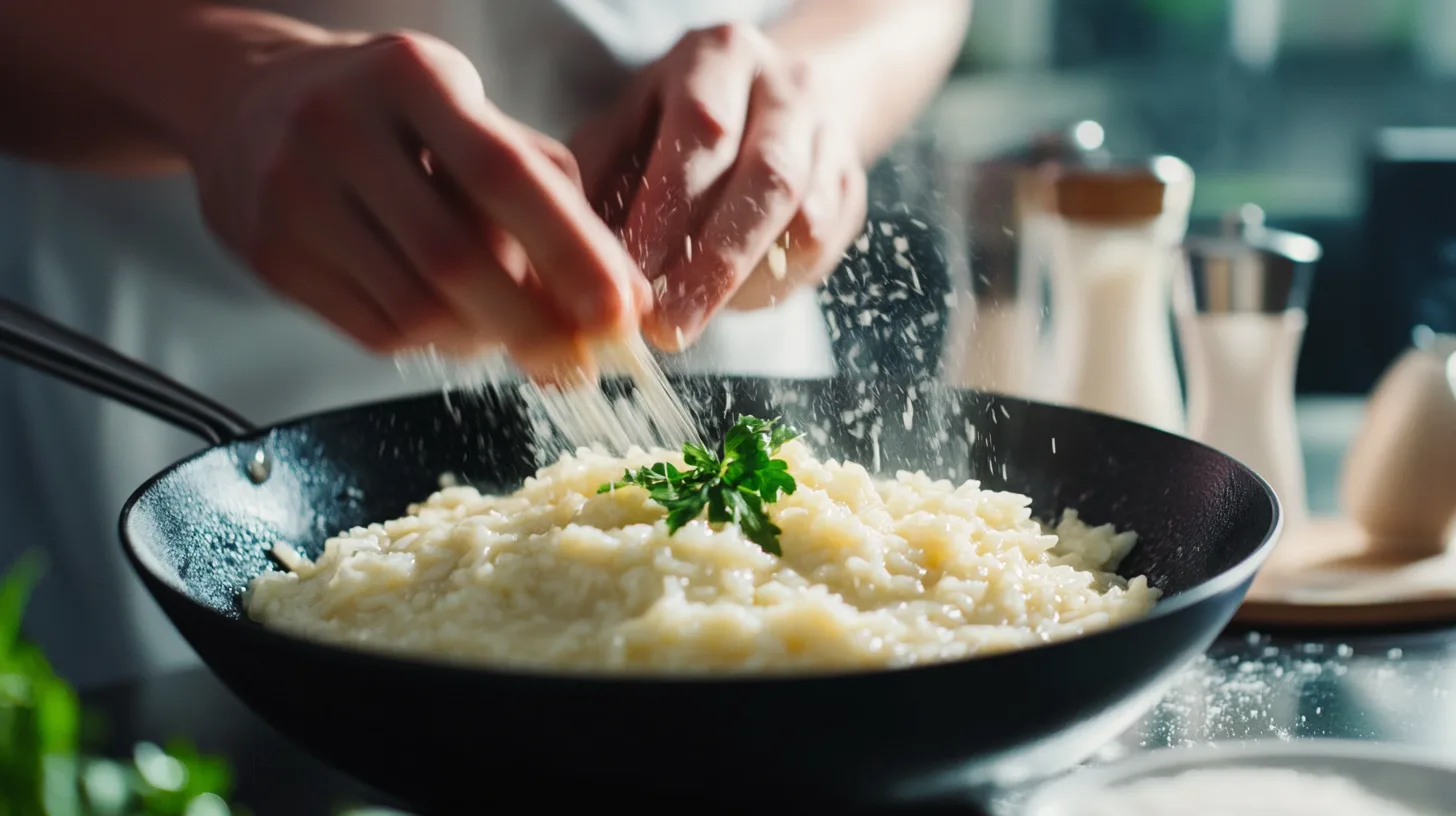 Midcent: En närbild av en kock som toppar en krämig risotto med ost i en elegant panna. Färsk persilja pryder rätten. Perfekt för matälskare och kulinariska upptäcktsresande. Kategori: Mat.
