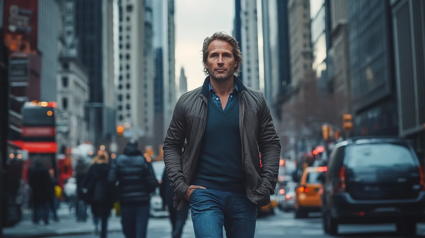 Man går på en livlig gata i en storstad omgiven av skyskrapor och trafik. Han har en avslappnad stil och en självsäker uppsyn. Bilden fångar energi och urban atmosfär. Midcent - Samhälle.