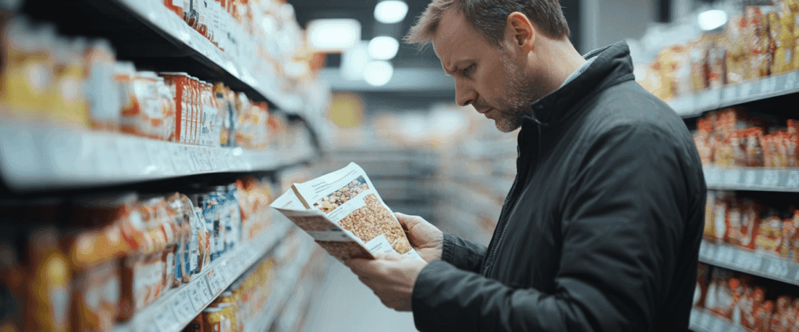 Man studerar noggrant innehållsförteckningen på en produkt i en livsmedelsbutik. Ljusa butikshyllor är fyllda med matvaror. Illustrerar medvetna köpbeteenden och fokus på hälsa. Midcent. Kategori: Mat.