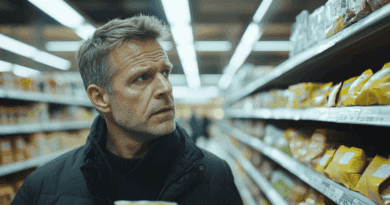 En man i en livsmedelsbutik undersöker produkter på en hylla, vilket antyder medvetna köpbeslut. Den inomhusbelysta miljön förstärker detaljfokus och koncentration. Midcent Mat.