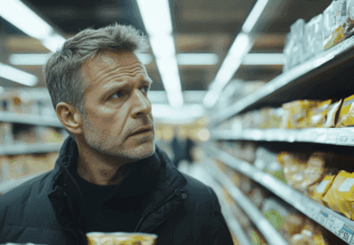 En man i en livsmedelsbutik undersöker produkter på en hylla, vilket antyder medvetna köpbeslut. Den inomhusbelysta miljön förstärker detaljfokus och koncentration. Midcent Mat.