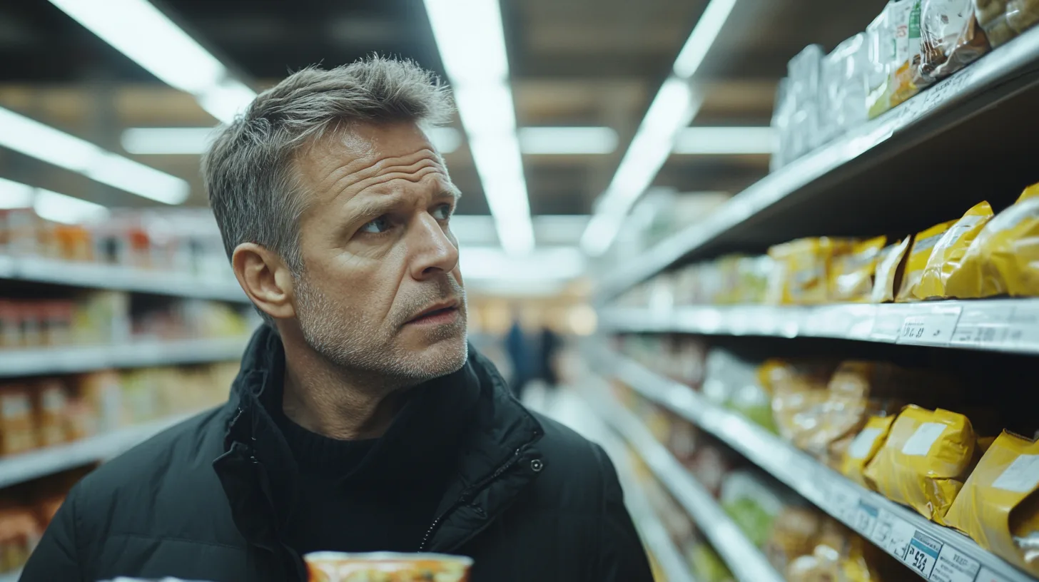 En man i en livsmedelsbutik undersöker produkter på en hylla, vilket antyder medvetna köpbeslut. Den inomhusbelysta miljön förstärker detaljfokus och koncentration. Midcent Mat.