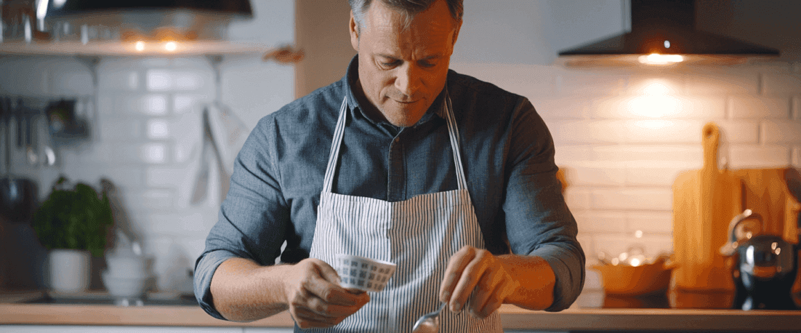 Midcent: En medelålders man lagar mat i ett modernt kök, med fokus på en skål med färgstarka ingredienser. Kökets stämning är lugn och inbjudande, vilket stärker matlagningens njutning. Kategori: Mat.