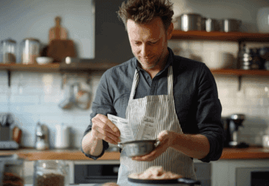 Midcent: En man lagar mat i ett modernt kök, klädd i randigt förkläde. Han är fokuserad på att läsa recept. Kategorin som passar denna bild är Mat.