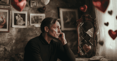 Midcent - En melankolisk man sitter tänkande i ett rum fyllt med gamla fotografier och ett trasigt spegelglas, fångar känslor av nostalgi och reflektion. Underhållning.