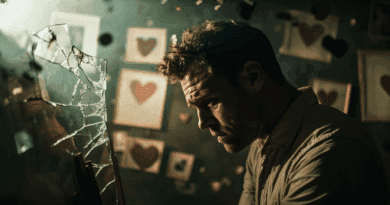 Midcent: En man betraktar en trasig spegel med hjärtekrossande tavlor i bakgrunden. En dyster och känslofylld atmosfär sekunderad av brustna drömmars symboler. Kategori: Underhållning.