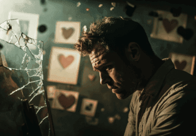 Midcent: En man betraktar en trasig spegel med hjärtekrossande tavlor i bakgrunden. En dyster och känslofylld atmosfär sekunderad av brustna drömmars symboler. Kategori: Underhållning.