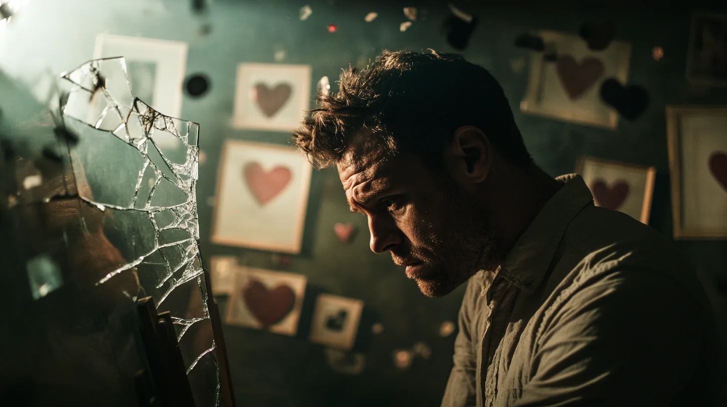 Midcent: En man betraktar en trasig spegel med hjärtekrossande tavlor i bakgrunden. En dyster och känslofylld atmosfär sekunderad av brustna drömmars symboler. Kategori: Underhållning.