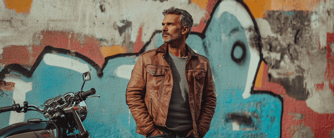Man i brun skinnjacka står vid en motorcykel framför en färgglad graffitivägg. En känsla av äventyr och stil i urban miljö. Perfekt för den moderna livsstilen.Midcent, kategori: Underhållning.