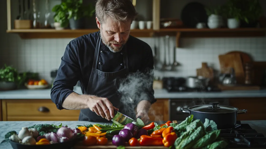 Midcent MatEn manlig kock förbereder färska, färgglada grönsaker i ett modernt kök. Ånga stiger från grytan i bakgrunden, vilket skapar en inbjudande och kreativ matlagningsatmosfär. Perfekt för matlagningsinspiration
