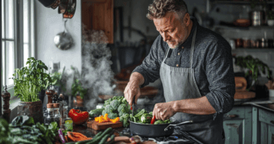 Midcent: En man lagar mat i ett kök fyllt med färska grönsaker och ånga. Fokus på hälsosam matlagning och kulinarisk kreativitet. Inspirerande för alla som älskar mat och gemenskap i köket. Mat.