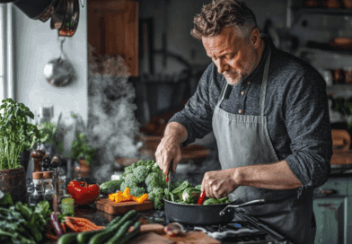 Midcent: En man lagar mat i ett kök fyllt med färska grönsaker och ånga. Fokus på hälsosam matlagning och kulinarisk kreativitet. Inspirerande för alla som älskar mat och gemenskap i köket. Mat.