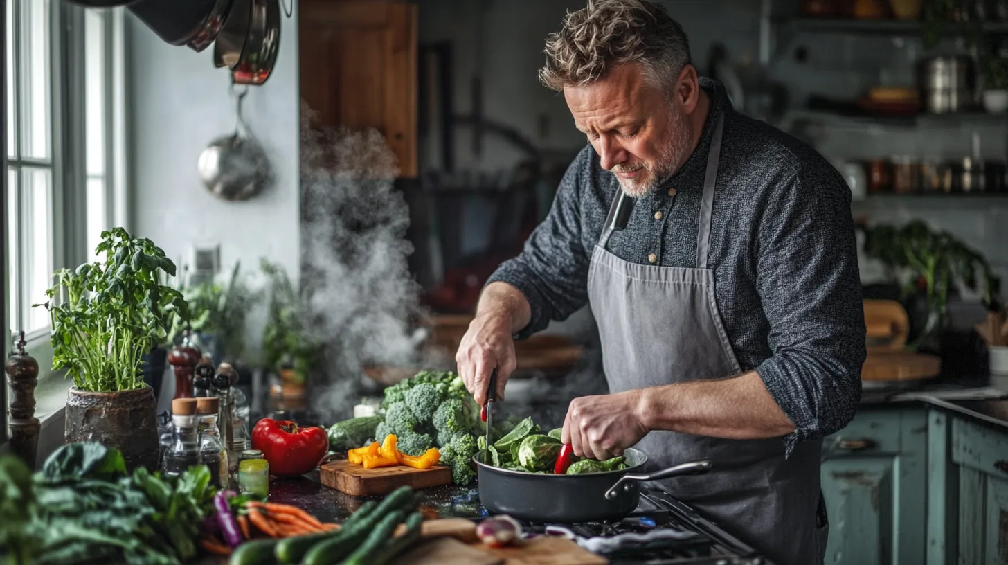 Midcent: En man lagar mat i ett kök fyllt med färska grönsaker och ånga. Fokus på hälsosam matlagning och kulinarisk kreativitet. Inspirerande för alla som älskar mat och gemenskap i köket. Mat.