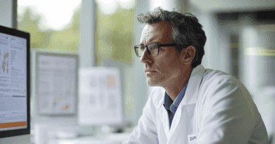 Midcent: Vetenskapsman analyserar data vid datorskärm i modernt laboratorium. Engagerat fokus skapar innovation och framsteg inom medicinsk forskning. Ljusa, professionella omgivningar framhäver teknikens roll i dagens vetenskapliga processer. Kategori: Hälsa.