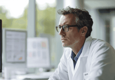 Midcent: Vetenskapsman analyserar data vid datorskärm i modernt laboratorium. Engagerat fokus skapar innovation och framsteg inom medicinsk forskning. Ljusa, professionella omgivningar framhäver teknikens roll i dagens vetenskapliga processer. Kategori: Hälsa.