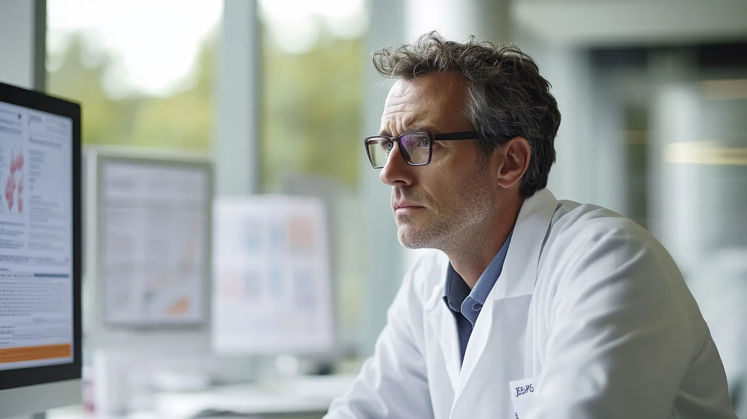 Midcent: Vetenskapsman analyserar data vid datorskärm i modernt laboratorium. Engagerat fokus skapar innovation och framsteg inom medicinsk forskning. Ljusa, professionella omgivningar framhäver teknikens roll i dagens vetenskapliga processer. Kategori: Hälsa.