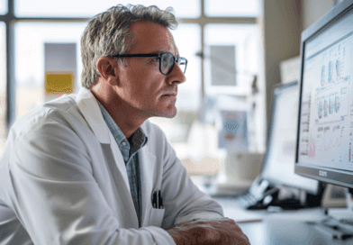 Midcent: Professionell läkare fokuserad på medicinsk forskning och dataanalys vid dator på ett modernt sjukhus. Bilden illustrerar teknikens roll i dagens hälso- och sjukvård. Kategori: Hälsa.