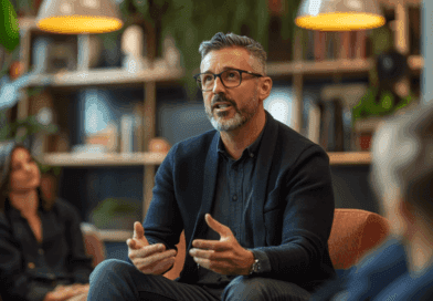 Personen i bilden talar engagerat under en workshop i ett modernt kontor, omgiven av gröna växter och uppmärksamma deltagare. Fokus på kommunikation och ledarskap i en kreativ miljö. Midcent. Kategori: Samhälle.