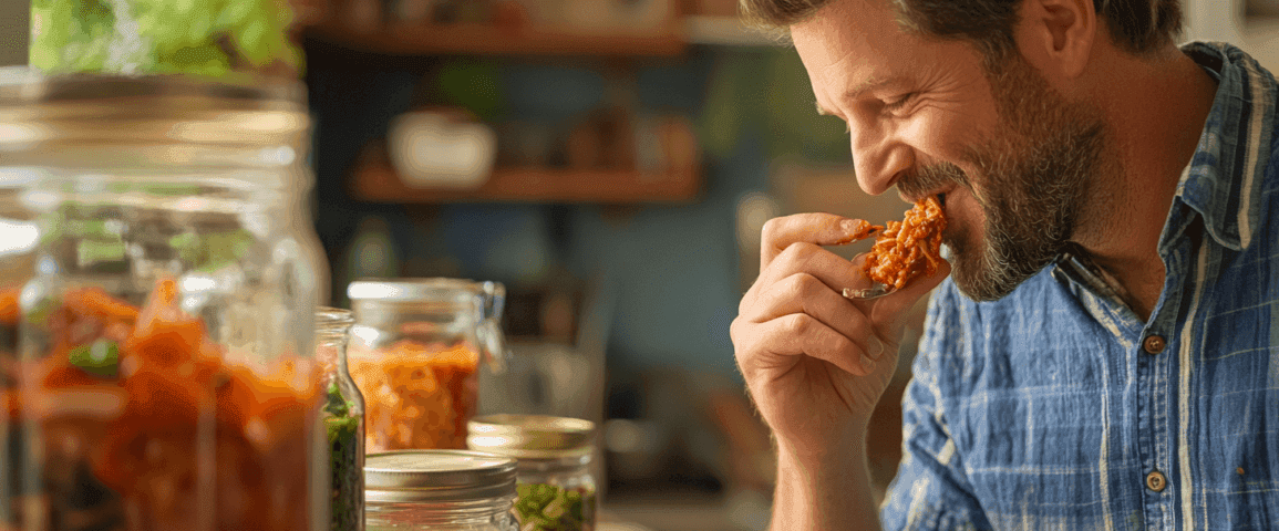 En man njuter av hemlagad kimchi i ett kök fyllt med fermenterade grönsaker i glasburkar. Den harmoniska atmosfären och matlagningens konst står i fokus. Midcent: Mat.