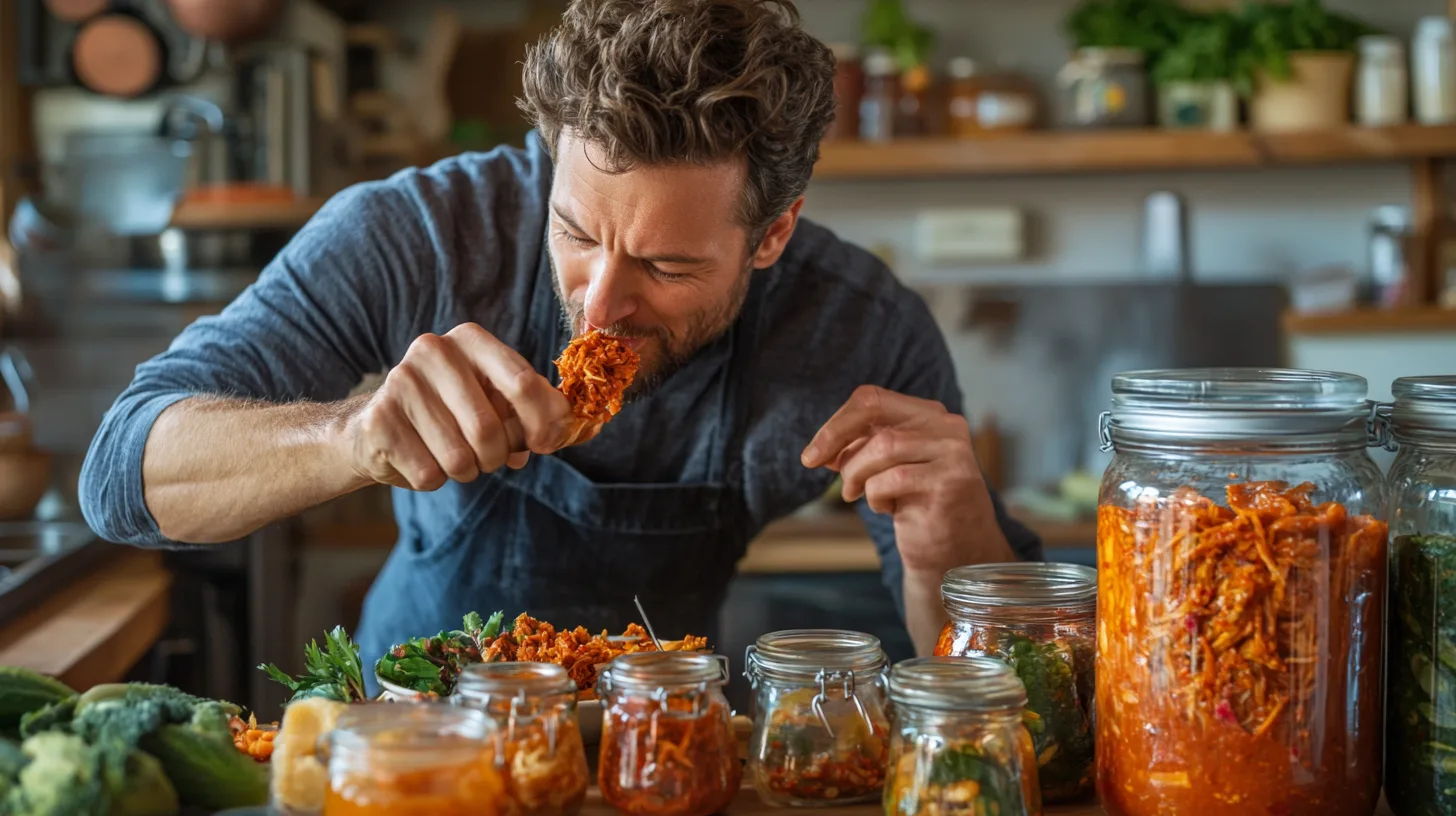 Midcent - MatUpptäck smakrika fermenterade delikatesser med Midcent. En passionerad kock smakar på kimchi i ett kök fyllt av glasburkar, färska ingredienser och kulinarisk inspiration. Perfekt för den matintresserade som söker nya smakupplevelser och kreativ matlag