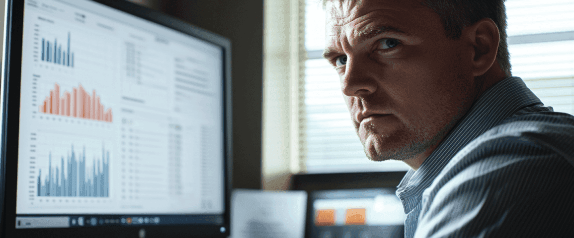 En man sitter vid en dator och analyserar ekonomiska grafer på en skärm. Ljuset från fönstret ger en professionell känsla. Perfekt bild för artiklar om dataanalys och finansstrategier. Midcent Ekonomi.