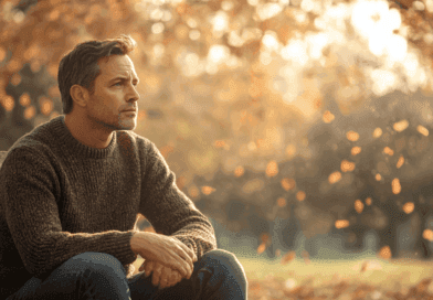 En man sitter på en parkbänk omgiven av höstlöv i solnedgången, iklädd en stickad tröja. Scenen fångar en tidlös känsla av lugn och reflektion. Midcent - Samhälle.
