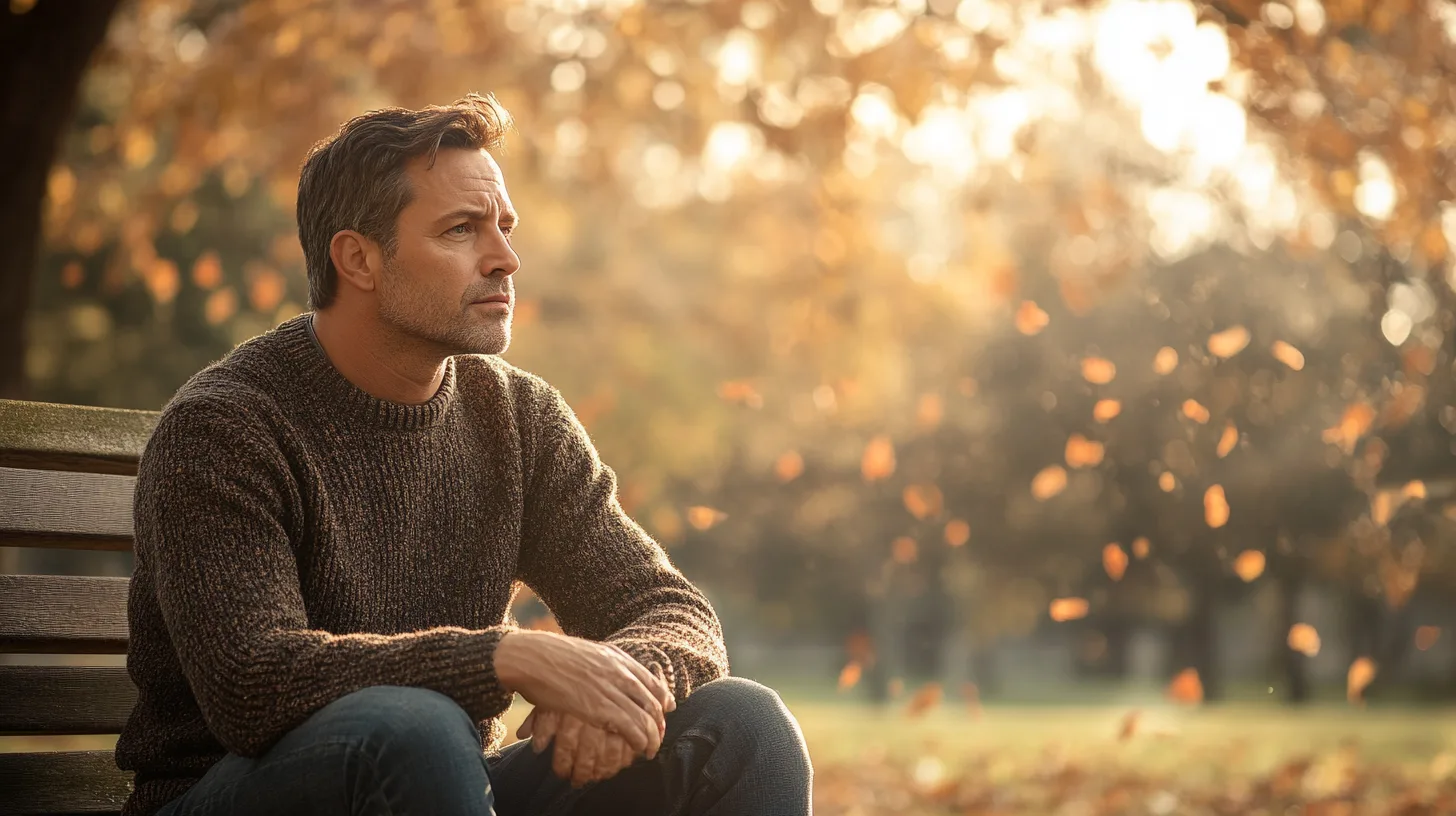 En man sitter på en parkbänk omgiven av höstlöv i solnedgången, iklädd en stickad tröja. Scenen fångar en tidlös känsla av lugn och reflektion. Midcent - Samhälle.