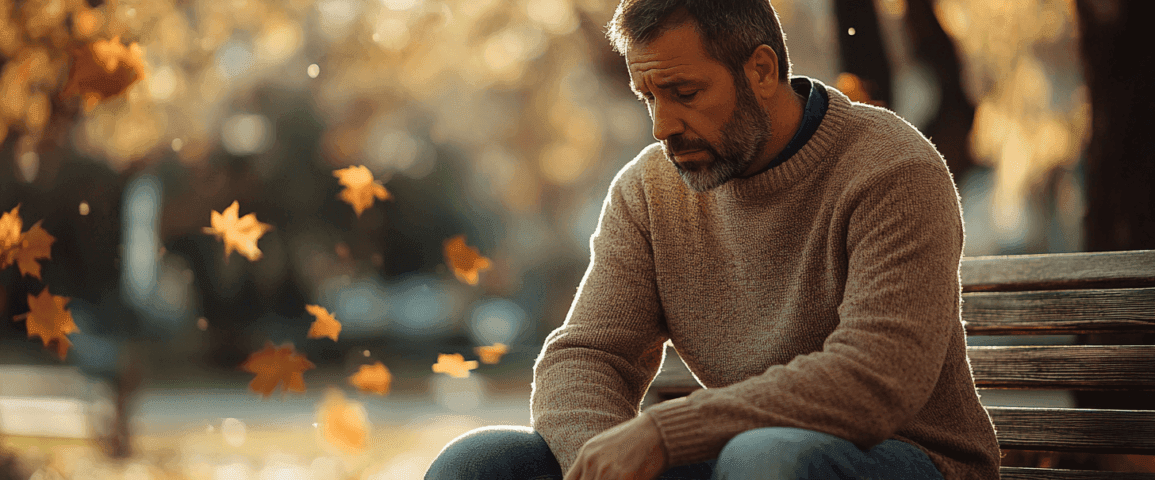 En man sitter tankfull på en parkbänk omgiven av fallande höstlöv. Solens gyllene strålar skapar en stämningsfull atmosfär, perfekt för eftertanke och reflektion. Midcent - Samhälle.