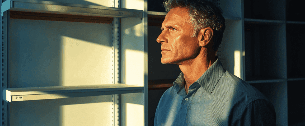 Midcent: En allvarlig man i profil står i dagsljus som skiner genom hyllor. Stressfri och fokuserad. Bilden framhäver engagemang och meditation i en arbetsmiljö. Kategori: Samhälle.