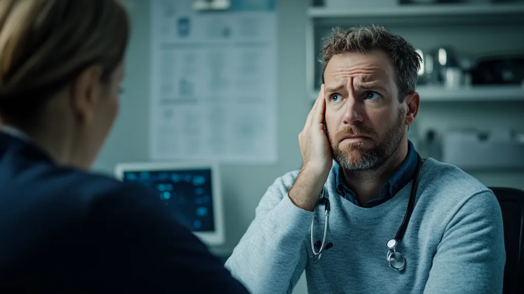 Midcent: En orolig man med ett stetoskop runt halsen konsulterar en person i medicinsk miljö, vilket tyder på hälsorelaterade bekymmer. Hälsa.