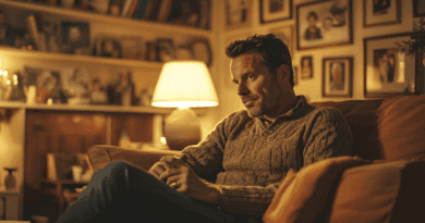 Midcent: En man sitter avslappnad i en mysig hemmamiljö, omgiven av familjefoton och mjuk belysning. Perfekt för att illustrera hemmets värme och intimitet. Kategori: Underhållning.
