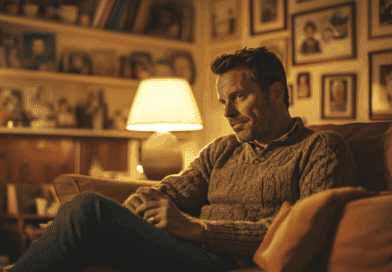 Midcent: En man sitter avslappnad i en mysig hemmamiljö, omgiven av familjefoton och mjuk belysning. Perfekt för att illustrera hemmets värme och intimitet. Kategori: Underhållning.