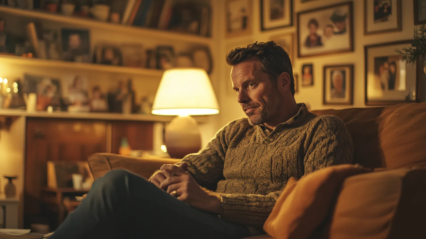 Midcent: En man sitter avslappnad i en mysig hemmamiljö, omgiven av familjefoton och mjuk belysning. Perfekt för att illustrera hemmets värme och intimitet. Kategori: Underhållning.