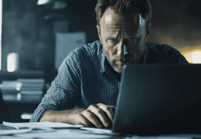 Affärsman vid laptop, koncentrerad i mörkt kontor. Dokument spridda på skrivbordet. Belysning skapar dramatisk stämning. SEO-optimering, digital fokus. Perfekt för artiklar om arbetsmiljö och produktivitet. Midcent: Ekonomi.