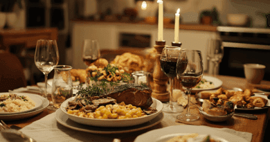 Midcent: En inbjudande middag med lyxig dukning där saftigt kött, potatis och risotto samsas på ett vackert dekorerat bord i en mysig atmosfär. Perfekt för en elegant kväll. Mat.