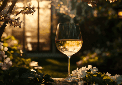 Midcent erbjuder en harmonisk bild av ett glas vin i en blommande trädgård under solnedgången. Denna idylliska scen förmedlar en känsla av lugn och avkoppling. Kategori: Mat.