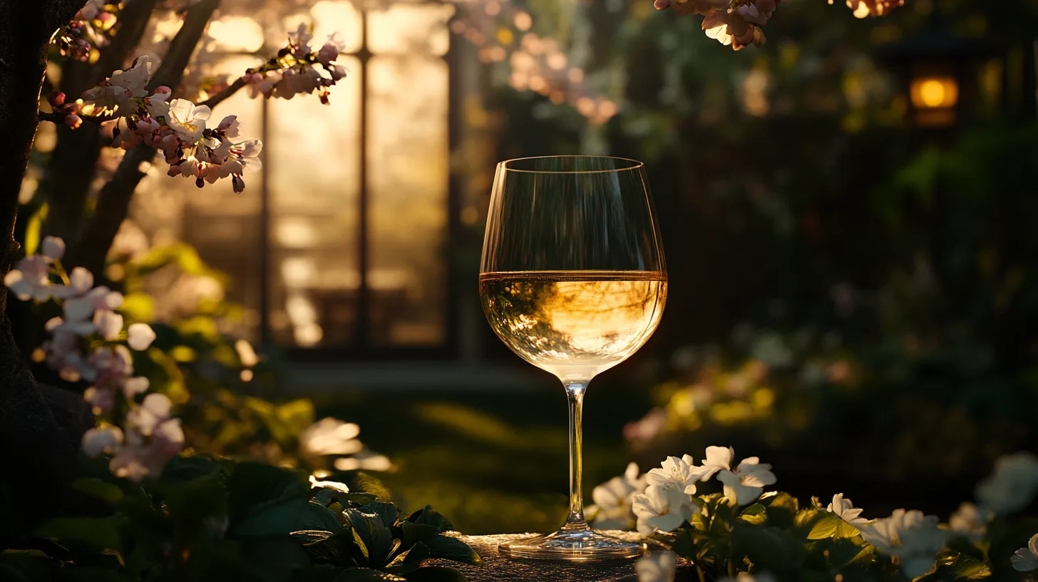 Midcent erbjuder en harmonisk bild av ett glas vin i en blommande trädgård under solnedgången. Denna idylliska scen förmedlar en känsla av lugn och avkoppling. Kategori: Mat.