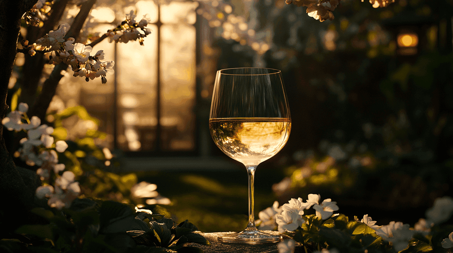 Midcent erbjuder en harmonisk bild av ett glas vin i en blommande trädgård under solnedgången. Denna idylliska scen förmedlar en känsla av lugn och avkoppling. Kategori: Mat.