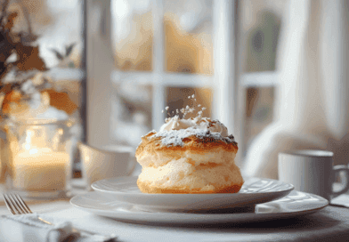 Midcent Mat: En inbjudande bild av en elegant dukad kaffestund med en lyxig semla i fokus, omgiven av värmande ljus och en lugn atmosfär vid ett fönster. Perfekt för att locka sökningar om fika och nordiska bakverk.