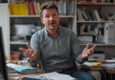 Midcent presenterar en engagerad entreprenör i sitt kreativa kontor, omgiven av böcker och anteckningar. Bilden fångar arbetsmiljö och professionell dedikation. Perfekt för att illustrera inspirerande arbetsmiljöer och kreativt tänkande.Kategori: Ekonomi.